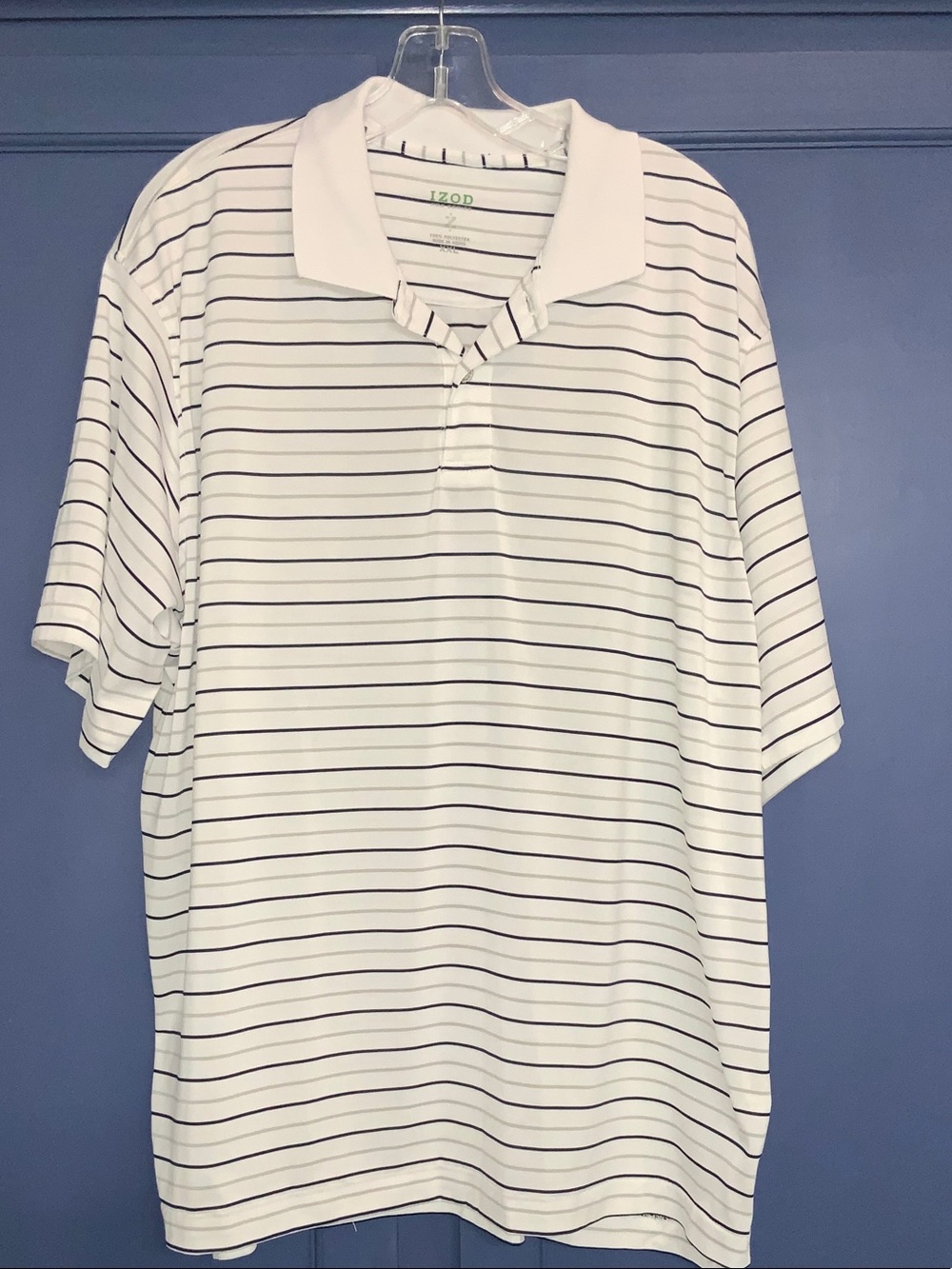Izod White Polo with Thin Navy Stripes